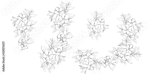 Minimal set of handrawn floral lineart magnolia flower bouquets for wedding invitations and feminine logos