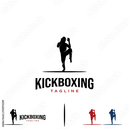 male silhouette practicing kick boxing logo design on isolated background