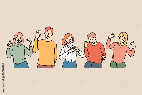 Smiling diverse young people showing hand gestures expressing different emptions. Happy men and women demonstrate ok, yes and heart symbols signs. Body language, communication. Vector illustration. 