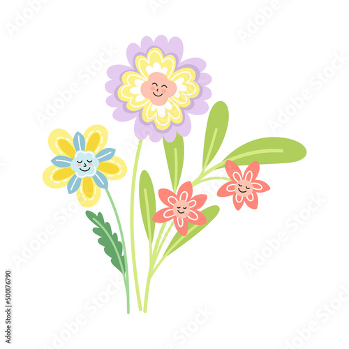 Smiling Flowers on Stalk with Petal and Green Leaf Vector Illustration