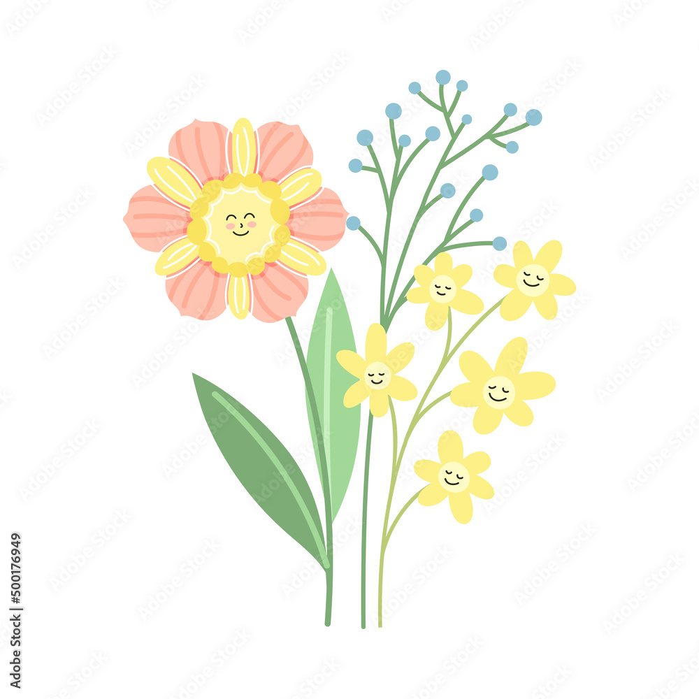 Smiling Flowers on Stalk with Petal and Green Leaf Vector Illustration Smiling Flowers on Stalk with Petal and Green Leaf Vector Illustration
