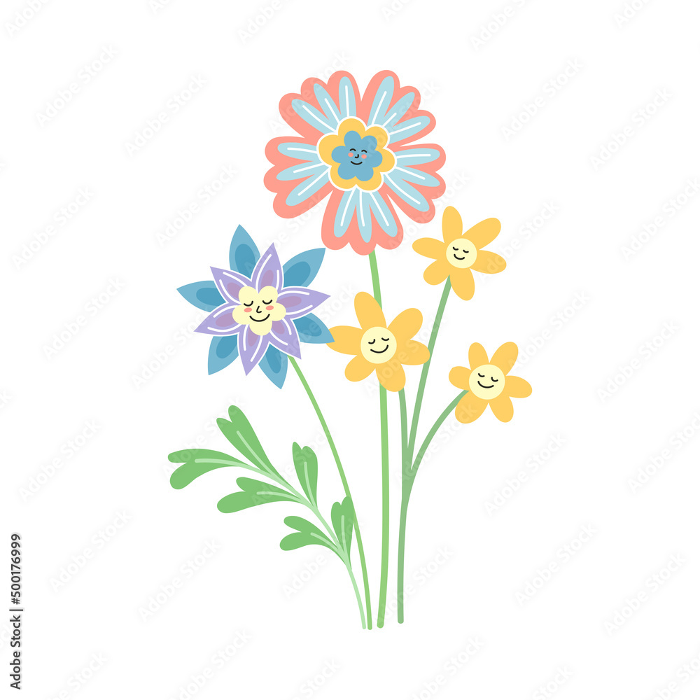 Smiling Flowers with Petal on Green Stem with Leaf Vector Illustration
