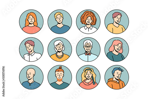 Set of headshot avatars of people of different ages and genders. Head portraits of men and women faces. Collection of young and old generation persons. Diversity. Vector illustration. 