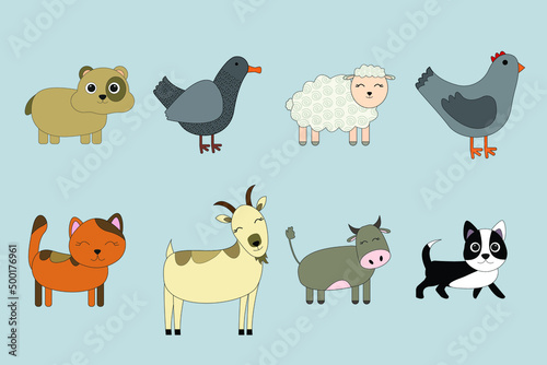 Fototapeta Naklejka Na Ścianę i Meble -  Cute cartoon pets. Set of dog, cat, cow, sheep, chicken, duck, goat, hamster