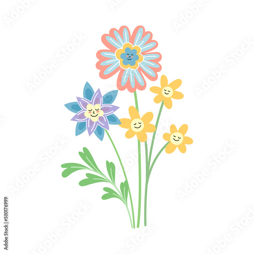 Smiling Flowers with Petal on Green Stem with Leaf Vector Illustration © Happypictures