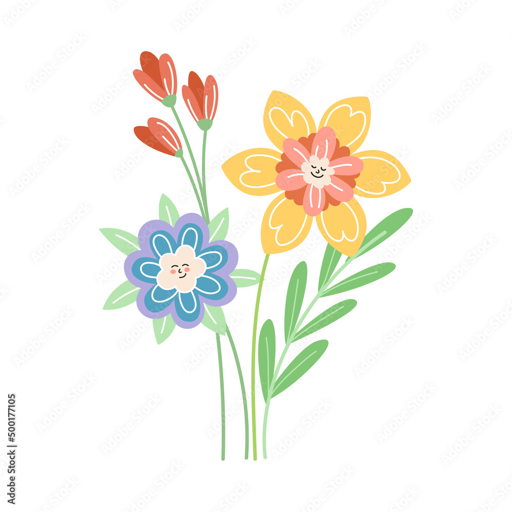 Smiling Flowers with Petal on Green Stem with Leaf Vector Illustration