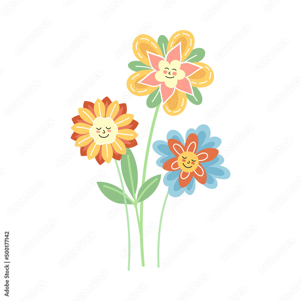 Smiling Flowers with Petal on Green Stem with Leaf Vector Illustration