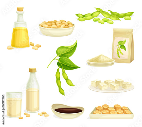 Soya Product with Soybean, Soy Sauce and Tofu from Edible Legume Plant Vector Set