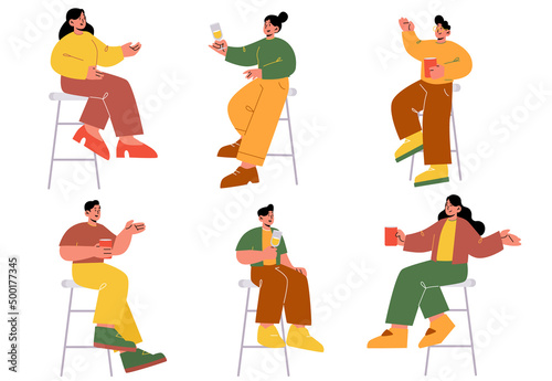 People drinking wine, dating, celebrate party. Isolated male and female characters holding wineglasses sit on high chairs in bar communicate, drink alcohol Linear cartoon flat vector illustration, set