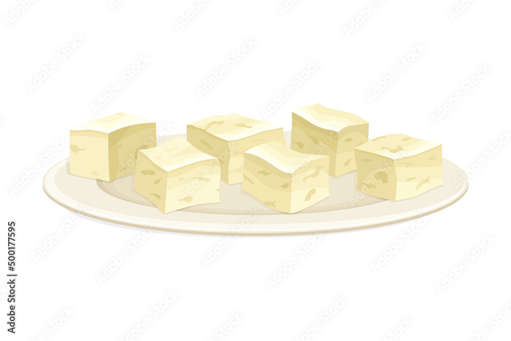 Cubes of Tofu or Soy Bean Curd from Edible Legume Plant Rested on Plate Vector Illustration