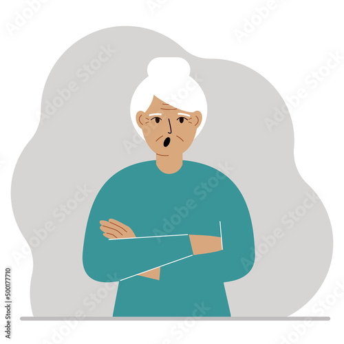 Grandmother is screaming and upset. The arms are crossed over the chest. Vector