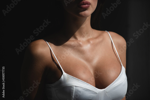 Close up women body. Bra model, sexy female breast. Women body shape. Breast boobs, woman after plastic surgery.