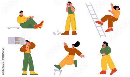 Clumsy people fall from ladder, stool, get unjury on skateboard. Vector flat illustration of men and women characters fail, break cup, hit head of door, drop food, get hurt