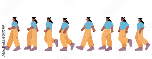 Woman walk animation, sequence cycle for game. Pictures frame with african girl teenager walking, going motion sprite sheet. Passerby, pedestrian movement, Cartoon flat vector line art illustration