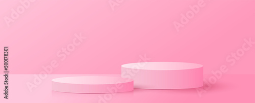 Paper cut of minimal scene with pink cylinder podium on pink background. Product presentation, mock up, show cosmetic. Vector illustration