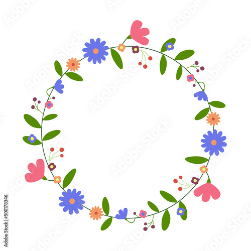 Round floral frame. Circular flower wreath. For greeting card, wedding , birthday card, invitation. Vector illustration.