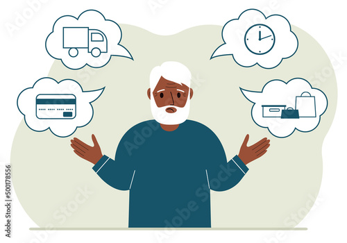 Ordering and delivery process concepts. Sad grandfather and steps of a delivery order. Payment, delivery car, waiting hours and goods and purchases.