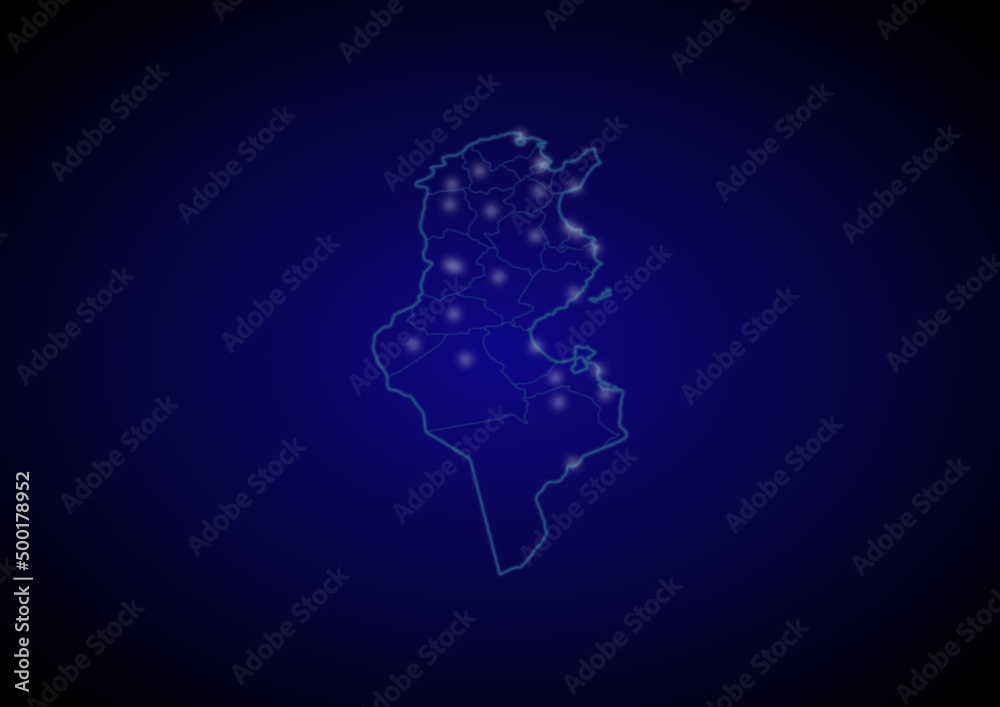 Tunisia concept vector map with glowing cities, map of Tunisia suitable for technology,innovation or internet concepts. Tunisia concept vector map with glowing cities, map of Tunisia suitable for technology,innovation or internet concepts.
