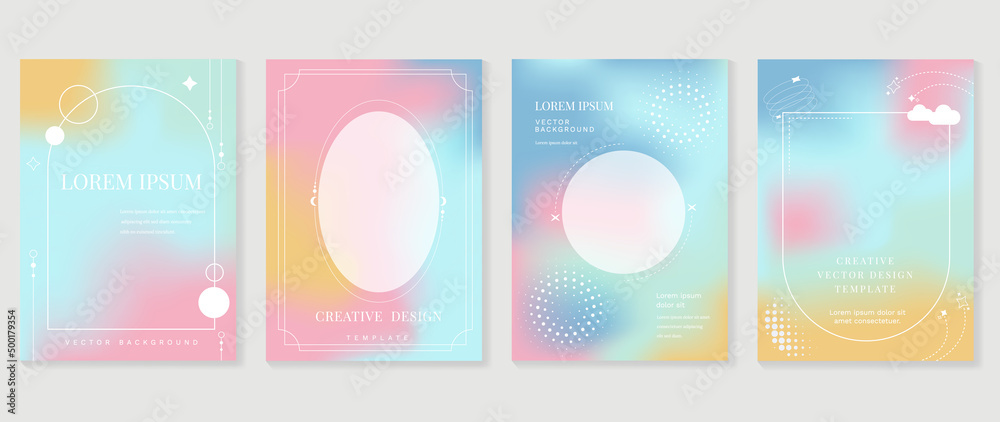 Abstract pastel gradient fluid liquid cover template. Set of modern poster with vibrant graphic color, hologram, thin line. Minimal style design for flyer, brochure, background, wallpaper, banner.