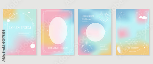 Abstract pastel gradient fluid liquid cover template. Set of modern poster with vibrant graphic color, hologram, thin line. Minimal style design for flyer, brochure, background, wallpaper, banner.