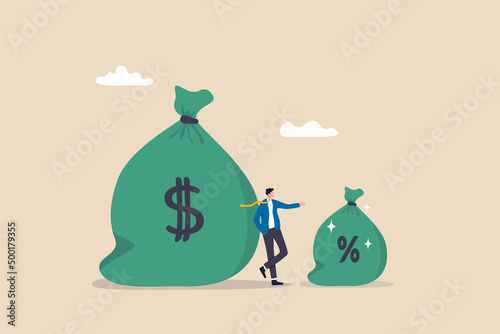 Commission payment, interest rate for loan payment or investment profit percentage, incentive to reward or motivate concept, businessman salesperson standing with money bag and commission portion.