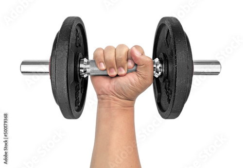 Hand holding dumbbell on isolated white background