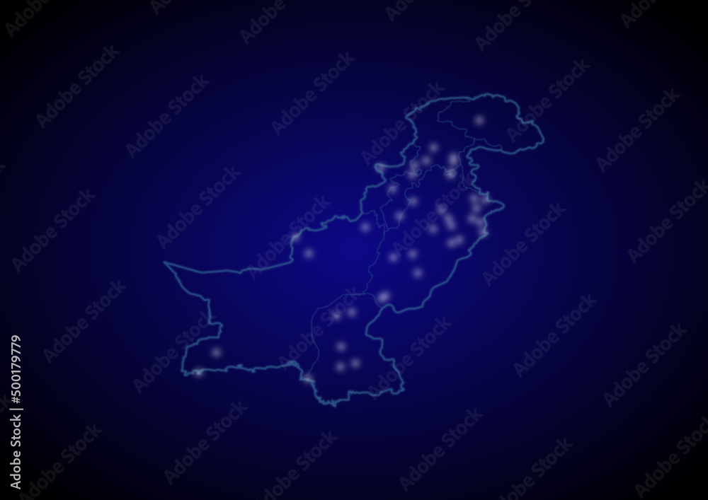 Pakistan concept vector map with glowing cities, map of Pakistan suitable for technology,innovation or internet concepts.