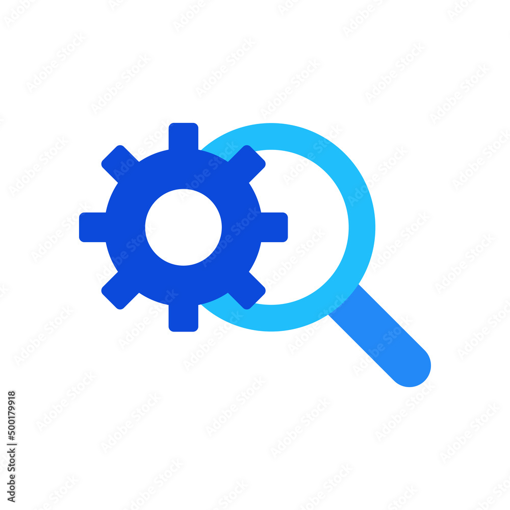 Search settings icon vector graphic illustration in blue Search settings icon vector graphic illustration in blue