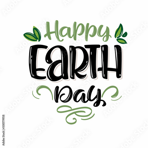 The logo with the inscription Happy Earth Day is decorated with leaves. The typographic logo of Earth Day. The concept of the vector of ecological and ecological activism on Earth Day.
