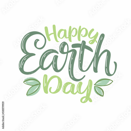 The logo with the inscription Happy Earth Day is decorated with leaves. The typographic logo of Earth Day. The concept of the vector of ecological and ecological activism on Earth Day.