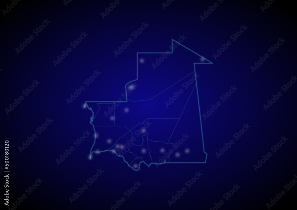 Mauritania concept vector map with glowing cities, map of Mauritania suitable for technology,innovation or internet concepts. Mauritania concept vector map with glowing cities, map of Mauritania suitable for technology,innovation or internet concepts.