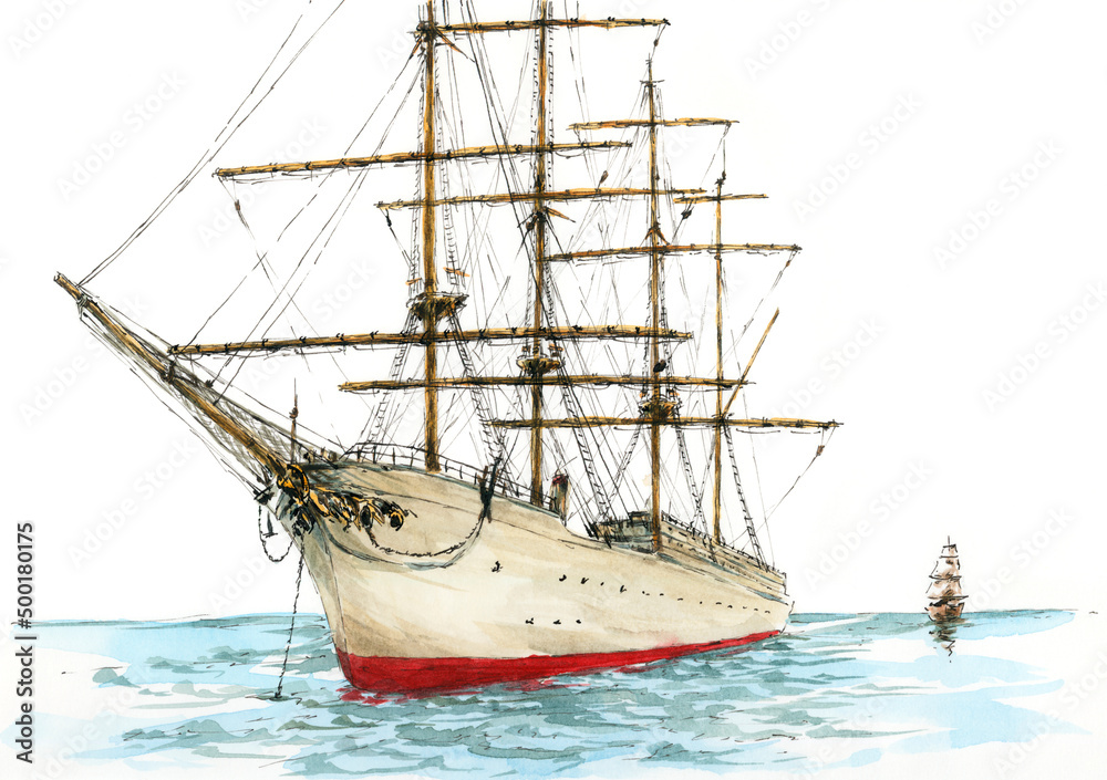 Modern ship-rigged frigate. Ink and watercolor on paper. Modern ship-rigged frigate. Ink and watercolor on paper.