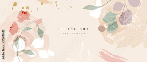 Abstract spring season floral background. Luxury blossom wallpaper with flowers, blooms, foliage, leaves and flower petals. Warm tone watercolor texture perfect for cover, print, decoration, banner.
