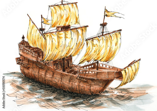 Carrack. Ink and watercolor on paper.