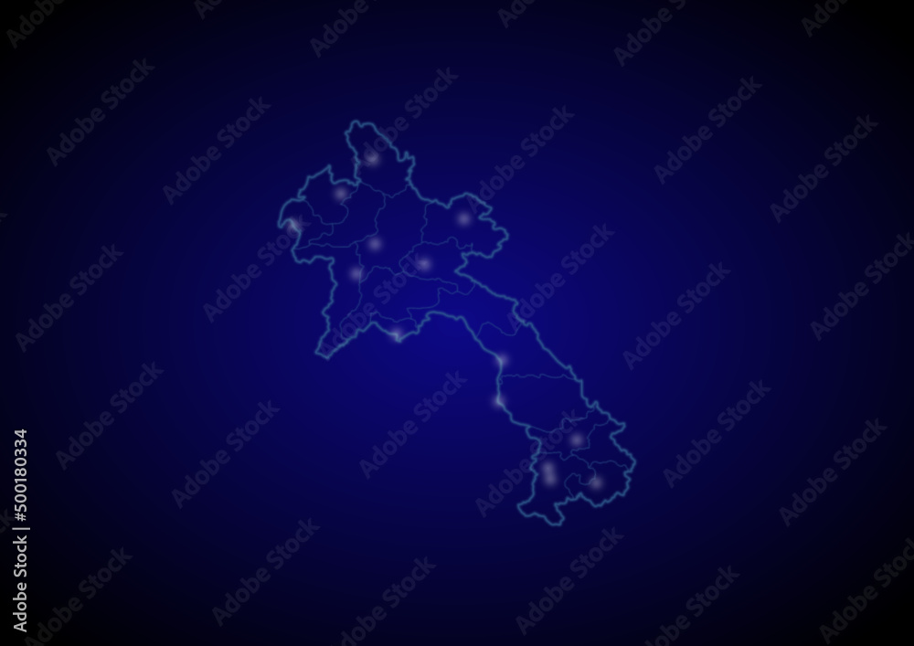 Lao PDR concept vector map with glowing cities, map of Lao PDR suitable for technology,innovation or internet concepts.