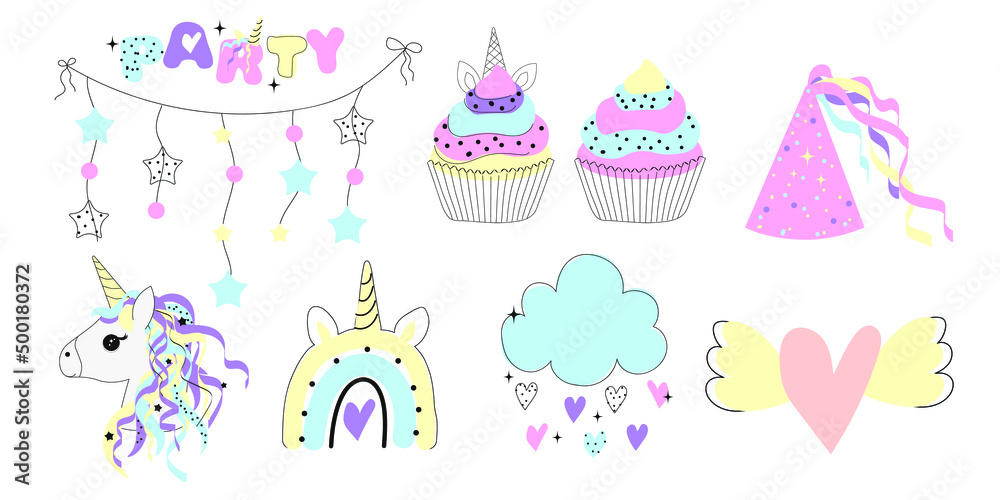 Doodle Birthday Magical Party decoration collection. Cute cartoon design. Vector illustration set	
