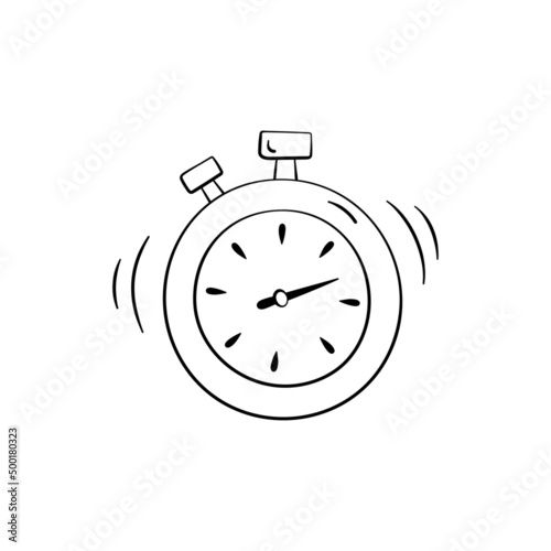 Stopwatch in doodle style, vector illustration. Timer icon for print and design. Clock symbol for sport and quiz game. Isolated element on a white background. Stopwatch outline sign hand drawn