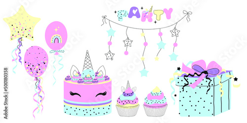 Doodle Birthday Magical Party decoration collection. Cute cartoon design. Vector illustration set  