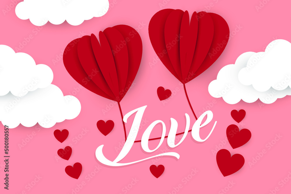 happy valentines day typography vector design with pink red heart shaped paper cut white clouds, vector illustration illustration of love