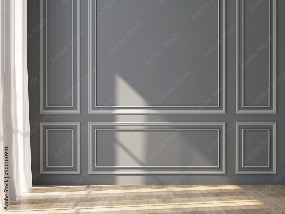 Realistic 3D render, blank empty gray wall high ceiling with classic gypsum wall moulding frame panel, wooden parquet floor. Sunlight. Background for household products overlay, Back drop, Template. Realistic 3D render, blank empty gray wall high ceiling with classic gypsum wall moulding frame panel, wooden parquet floor. Sunlight. Background for household products overlay, Back drop, Template.