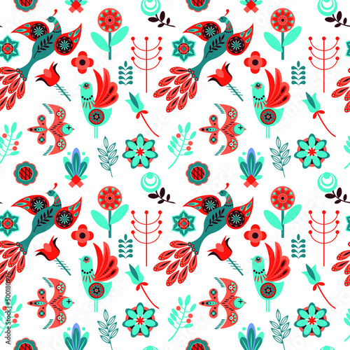 cute seamless pattern with fantasy flowers and birds. Fantastic phoenix among plants for advertising, fabrics, creativity paper.
