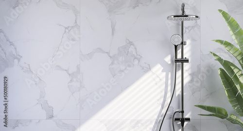 3D render modern design rain shower system faucet on empty white clean marble wall in a bathroom with tropical plants, morning sunlight, beautiful blind curtains shadow. Space, Mock up, Background.