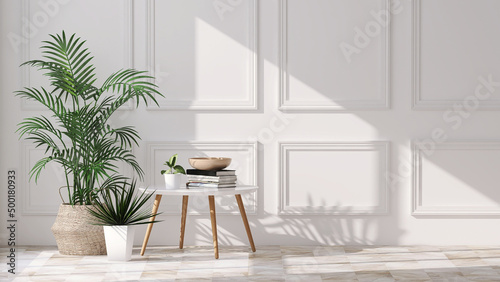 Realistic 3D render, beautiful green houseplants corner in white high ceiling living room with classic gypsum wall moulding frame panel, wooden parquet floor. Background, Mock up, Template, Overlay.