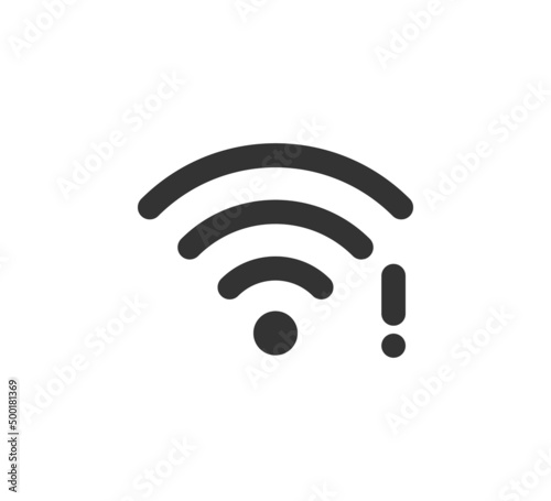Wifi symbol and exclamation mark icon. Jamming wireless internet signal. Wi-Fi error. Failure wifi icon. Disconnected wireless internet signal. Vector illustration isolated on white background.