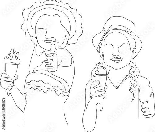 Continuous one line drawing of yong kid holding ice cream in hand and doing thumbs up, line art illustration silhouette of kids with icecream