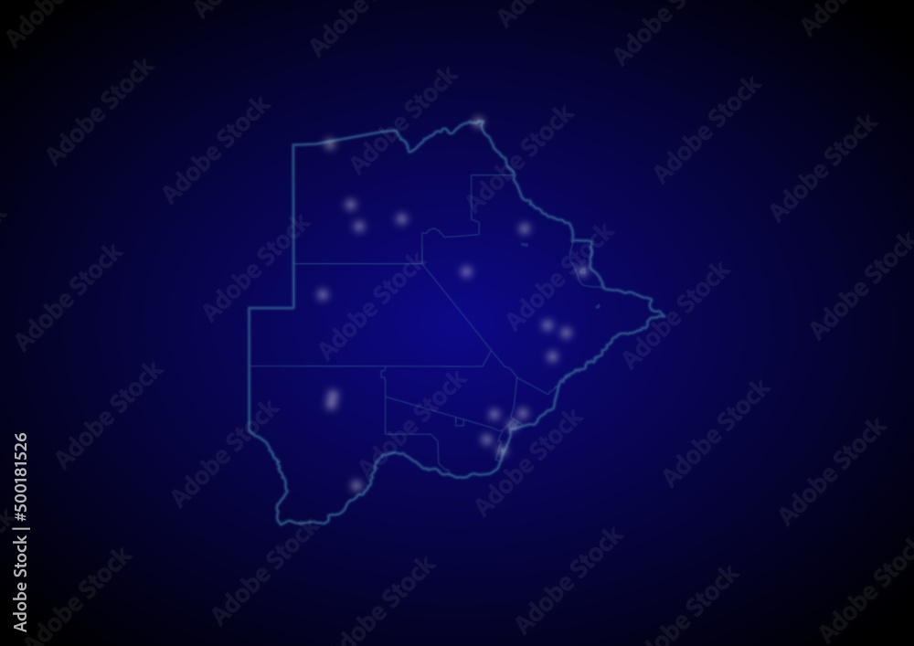Fototapeta premium Botswana concept vector map with glowing cities, map of Botswana suitable for technology,innovation or internet concepts.