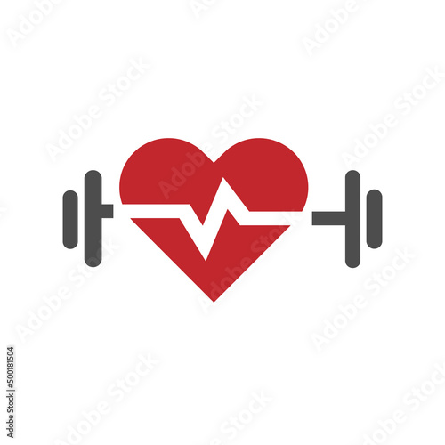 Vector icon of red heart with pulse and dumbbell on white background.