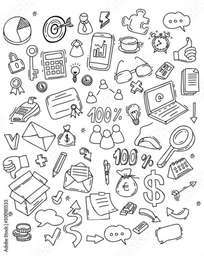 Big vector set of business icons. Isolated linear hand drawn doodles of finance and office work, money and technology, infographics and hand gestures, envelope and arrow. Vector illustration.
