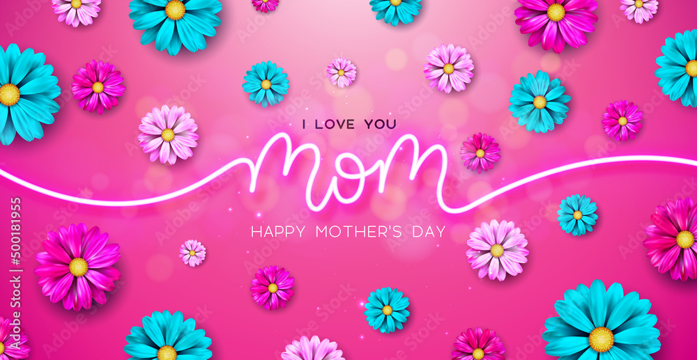 Happy Mother's Day Illustration with Spring Flower and I Love You Mom Glowing Neon Light Lettering on Pink Background. Vector Mother Day Design for Greeting Card, Banner, Flyer, Brochure, Poster. Happy Mother's Day Illustration with Spring Flower and I Love You Mom Glowing Neon Light Lettering on Pink Background. Vector Mother Day Design for Greeting Card, Banner, Flyer, Brochure, Poster.