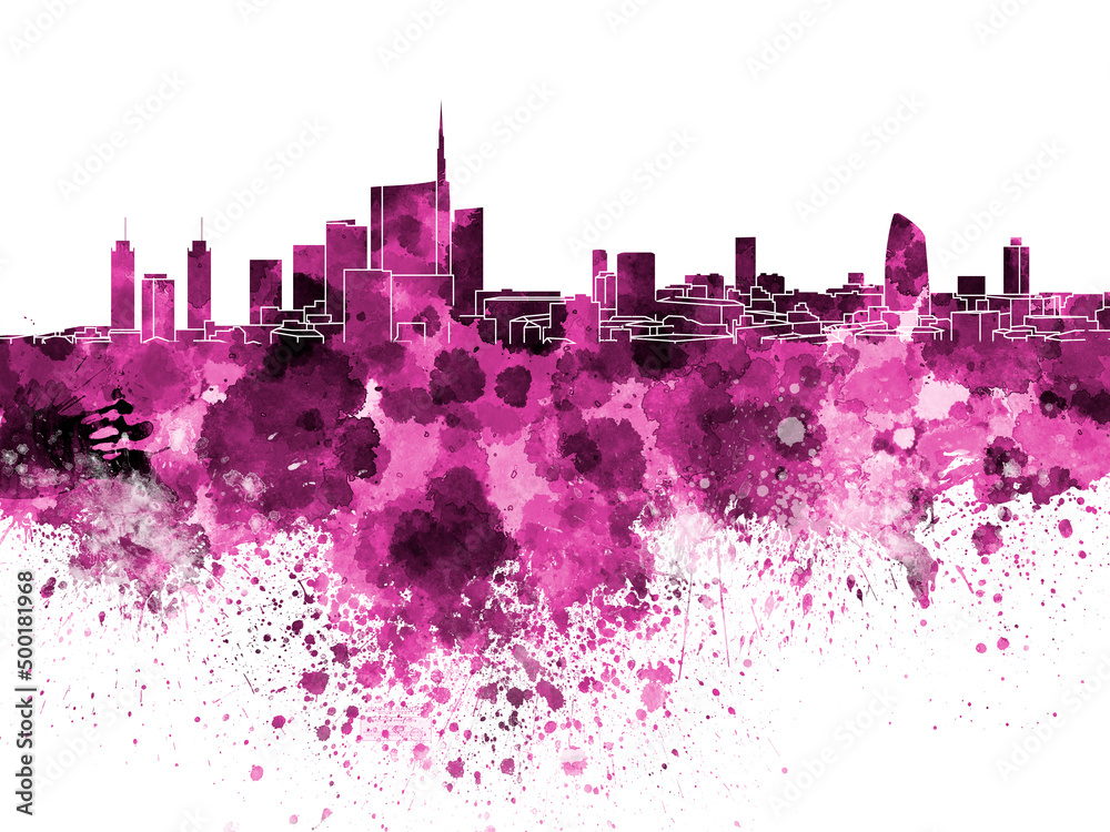 Milan skyline in pink watercolor on white background Milan skyline in pink watercolor on white background